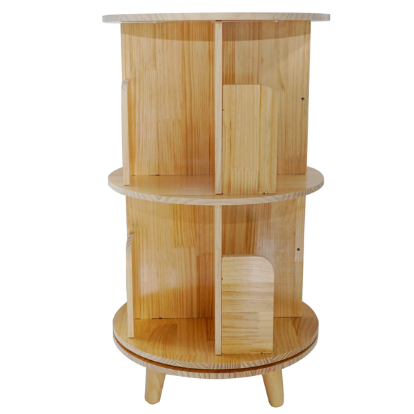 2-Layer Rotating Bookcase 360 Rotating Display Rack Pine Wood Rotating Bookshelf