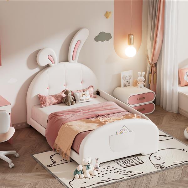 Twin size Upholstered Rabbit-Shape Princess Bed ,Twin Size Platform Bed with Headboard and Footboard,White