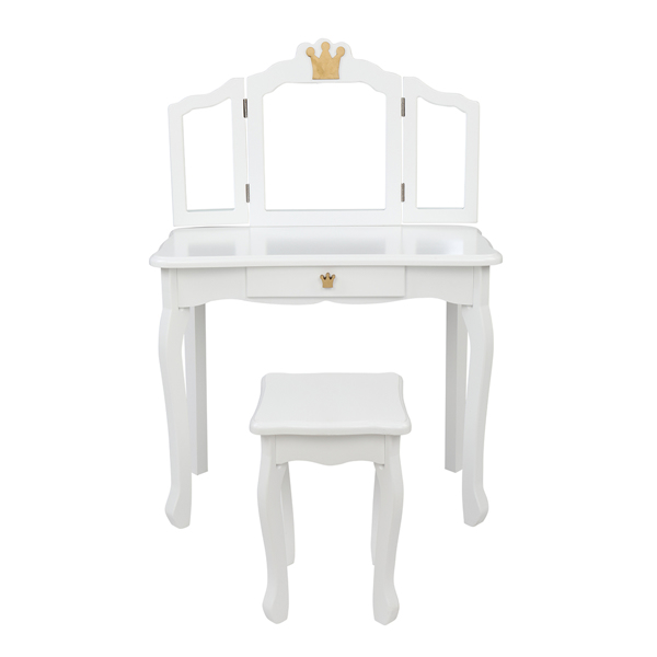 Children's Wooden Dressing Table Three-Sided Folding Mirror Dressing Table Chair Single Drawer White Crown Style