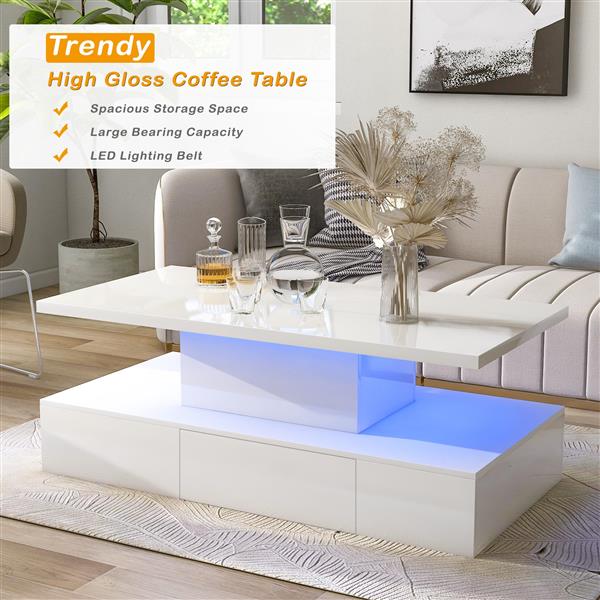 Modern Glossy Coffee Table With Drawer, 2-Tier Rectangle Center Table with LED lighting for Living room, 39.3''x19.6''x15.3'', White