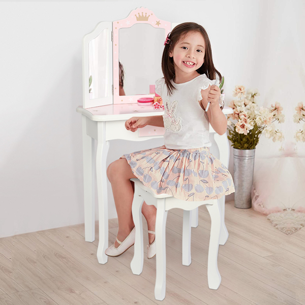 Wooden Toy Children's Dressing Table Three Foldable Mirror/Chair/Single Drawer Pink Star Style