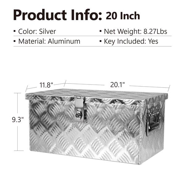 20 Inch Silver Aluminum Tool long Box 5 Bar Tread Flat box for Truck Car Outdoor Trailer Pickup Underbody RV ATV Storage Tools Organizer with Lock Side Handle and Keys (20.1"×11.8"×9.3")