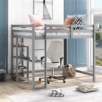 Full Size Loft Bed with Built-in Desk and Shelves,Gray