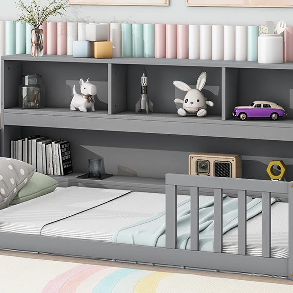 Twin Floor Bed with  Bedside Bookcase,Shelves,Guardrails,Grey