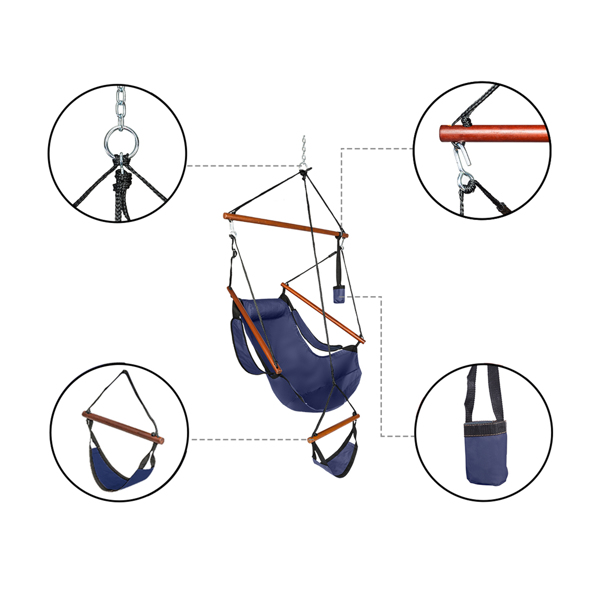 Oxford Cloth Hardwood With Cup Holder Wooden Stick Perforated 100kg Seaside Courtyard Oxford Cloth Hanging Chair   Blue