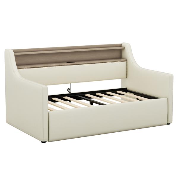 Twin Size Daybed with Hydraulic Storage, Upholstered Daybed with Lift Up Storage, Twin Leather Daybed with Charging Station and LED Lights,Beige