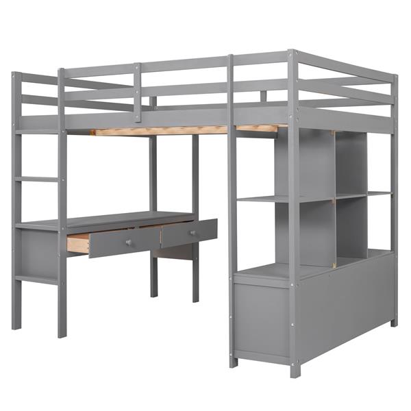 Full Size Loft Bed with Built-in Desk with Two Drawers, and Storage Shelves and Drawers,Gray