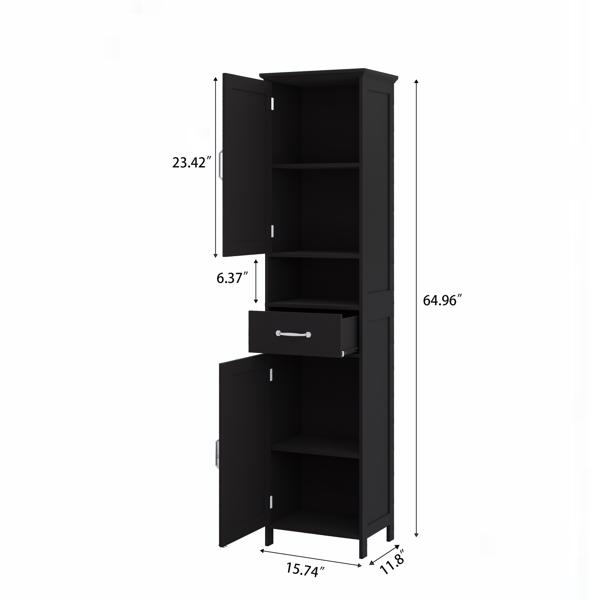 Double Door Narrow Height Slim Floor Standing Cabinet with 2 Adjustable Shelves-Black 