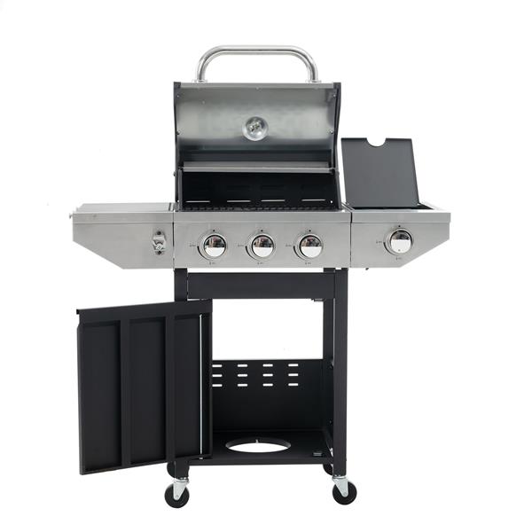 Propane Grill 3 Burner Barbecue Grill Stainless Steel Gas Grill with Side Burner and Thermometer for Outdoor BBQ, Camping