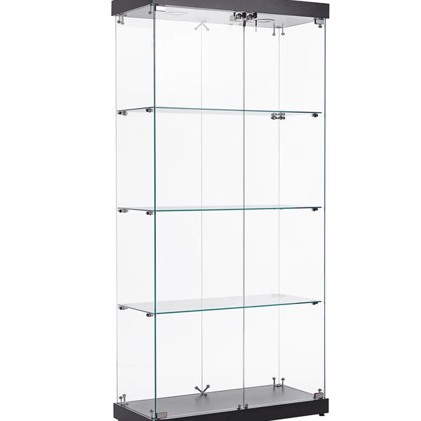 4-Tier Glass Display Cabinet, Double Door Glass Cabinet, Four Partitions, Two Locks, Floor Standing Storage Cabinet for Living Room, Bedroom, Showroom and Office, Black, 31.5"L x 14.2"W x 66.3"H