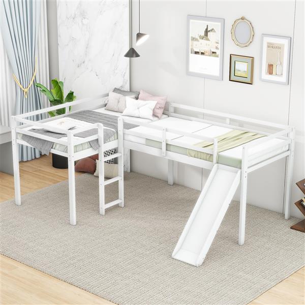 L-Shaped Twin Size Loft Bed with Ladder and Slide, White