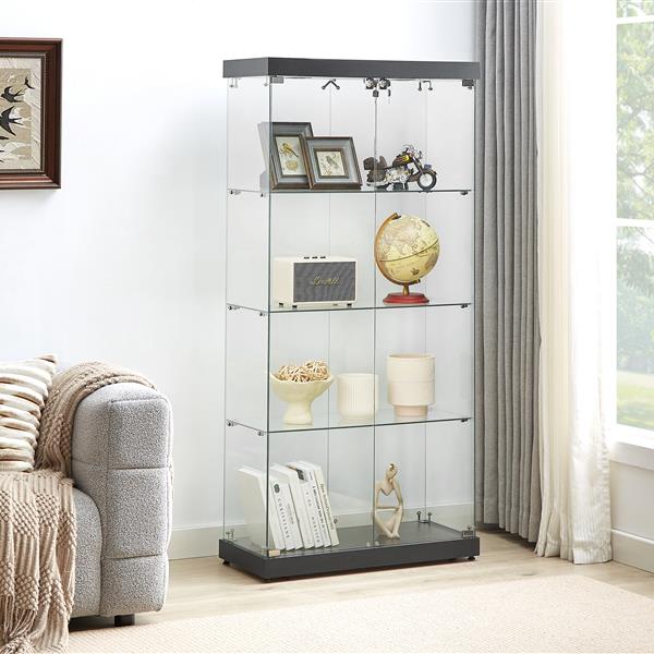 4-Tier Glass Display Cabinet, Double Door Glass Cabinet, Four Partitions, Two Locks, Floor Standing Storage Cabinet for Living Room, Bedroom, Showroom and Office, Black, 31.5"L x 14.2"W x 66.3"H