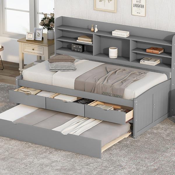 Twin Size Wooden Captain Bed with Built-in Bookshelves,Three Storage Drawers and Trundle,Light Grey