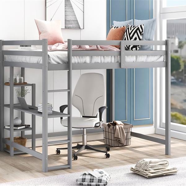 Full Size Loft Bed with Built-in Desk and Shelves,Gray