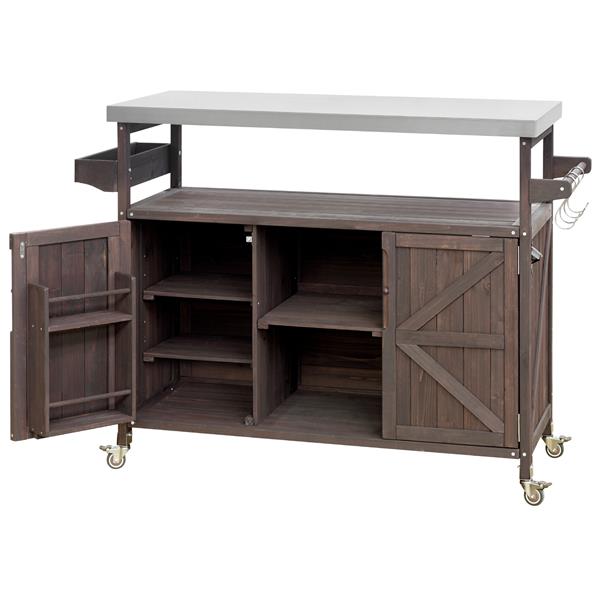  Outdoor Kitchen Island, Rolling Bar Cart & Storage Cabinet, Farmhouse Solid Wood Outdoor Grill Table with Stainless Steel Top, Spice Rack , Towel Rack for Kitchen & Barbecue , Dark Brown