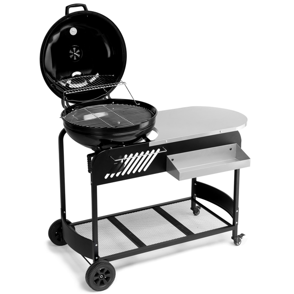 110*45*110cm Portable Charcoal Grill with Wheels and Sidetable, Large BBQ Smoker with Adjustable Vents on Lid for Outdoor Party Camping Picnic