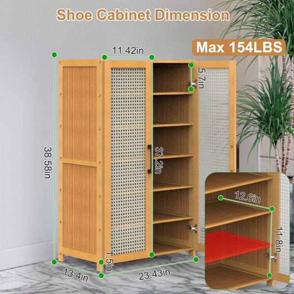 6-Tier Shoe Cabinet with Bamboo Shoe Rack Freestanding Shoe Organizer with 2 Hollow Doors and Handles 154lbs Max Load for Closet Hallway Living Room