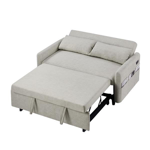 55.1" Pull Out Sleep Sofa Bed Loveseats Sofa Couch with Adjsutable Backrest, Storage Pockets, 2 Soft Pillows, USB Ports for Living Room, Bedroom, Apartment, Office, Beige