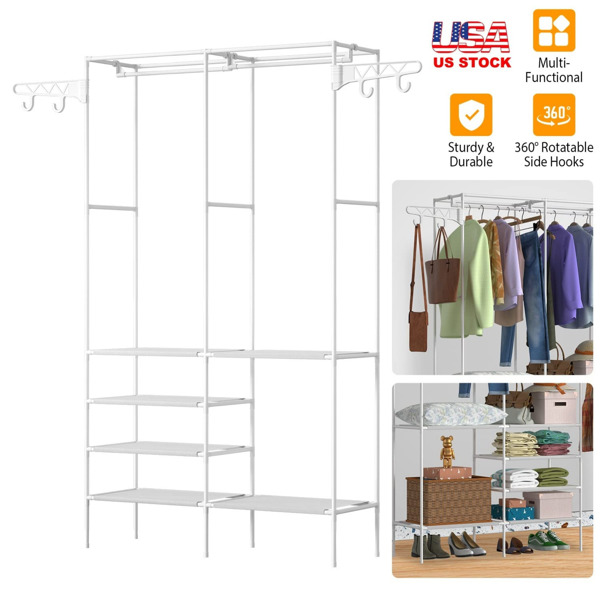 Metal Garment Rack Shoe Clothing Organizer Shelves Freestanding Multifunctional Clothes Wardrobe