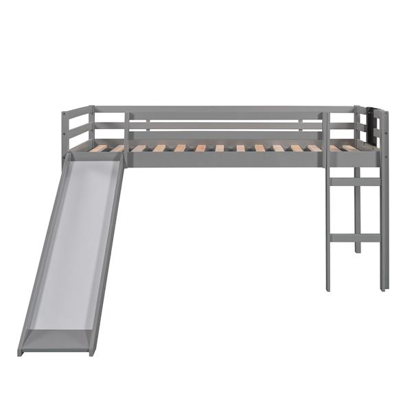 Twin size Loft Bed Wood Bed with Slide, Stair and Chalkboard,Gray