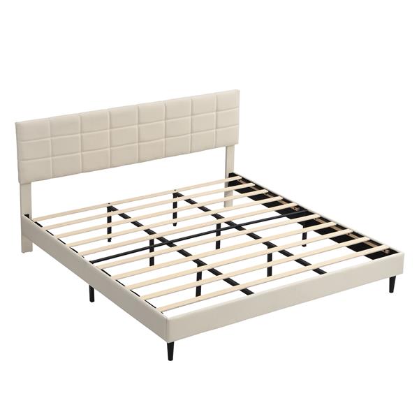 King Size Platform Bed Frame with Fabric Upholstered Headboard and Wooden Slats, No Box Spring Needed/Easy Assembly, Dark Beige