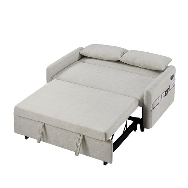 55.1" Pull Out Sleep Sofa Bed Loveseats Sofa Couch with Adjsutable Backrest, Storage Pockets, 2 Soft Pillows, USB Ports for Living Room, Bedroom, Apartment, Office, Beige