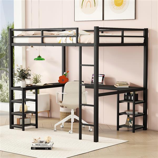 Full Metal Loft Bed with Desk and Shelves, Loft Bed with Ladder and Guardrails, Loft Bed Frame for Bedroom, Black with black desk