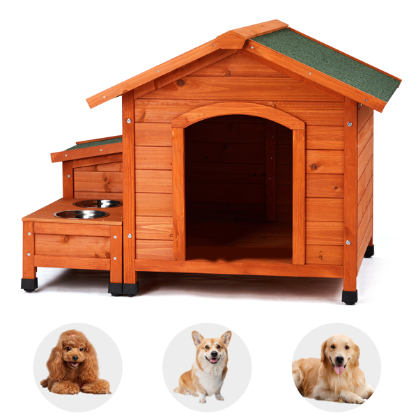  88*106*77cm Wooden Feral  Dog House for Outdoor and Indoor, Pet House with  Food Bowl& Food Storage Bucket