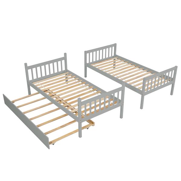 Twin Over Twin Bunk Beds with Trundle, Solid Wood Trundle Bed Frame with Safety Rail and Ladder, Kids/Teens Bedroom, Guest Room Furniture, Can Be converted into 2 Beds,Grey