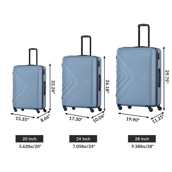 3 Piece Luggage Sets ABS Lightweight Suitcase with Two Hooks, Spinner Wheels, TSA Lock, (20/24/28) Blue