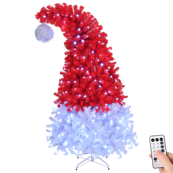 6 FT Santa Hat Style Pre-lit Christmas Tree, Hinged Artificial Xmas Tree Pine Tree with 300 Lights, 1050 Branch Tips and Remote Control for Holiday Party Store Office Home, Red & White