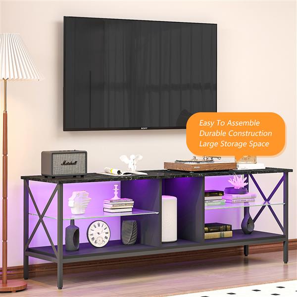 TV stand,Iron TV cabinet,entertainment center, TV set, media console, with LED lights, remote control,toughened glass stand,can be placed in the living room, bedroom, color:black with marble texture