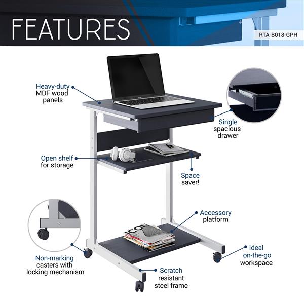 Rolling Laptop Cart with Storage, Graphite