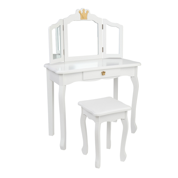 Children's Wooden Dressing Table Three-Sided Folding Mirror Dressing Table Chair Single Drawer White Crown Style