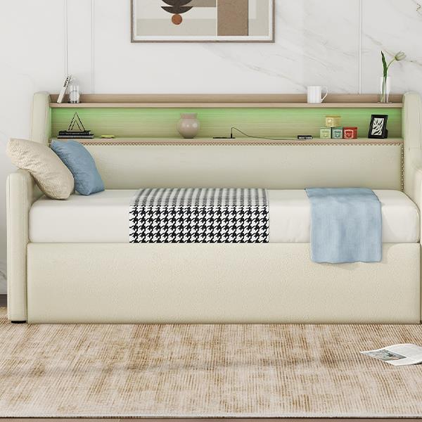 Twin Size Daybed with Hydraulic Storage, Upholstered Daybed with Lift Up Storage, Twin Leather Daybed with Charging Station and LED Lights,Beige