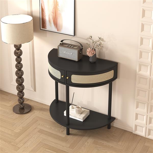 Unique Half Moon Design End Table with Rattan Door,Elegant Semicircle Sofa Side Table with 2 Rattan Storage Cabinet and Bottom Shelf for Living room, Bedroom