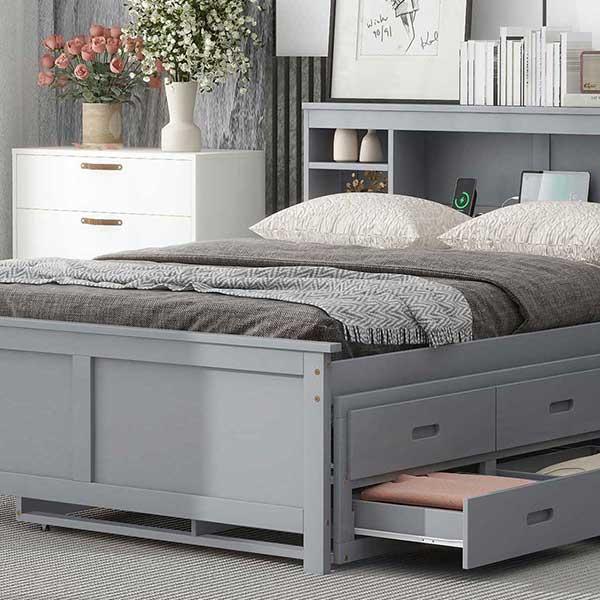 Full Size Platform Bed with Storage Headboard, USB, Twin Size Trundle and 3 Drawers, Gray