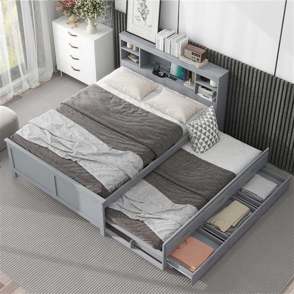 Full Size Platform Bed with Storage Headboard, USB, Twin Size Trundle and 3 Drawers, Gray