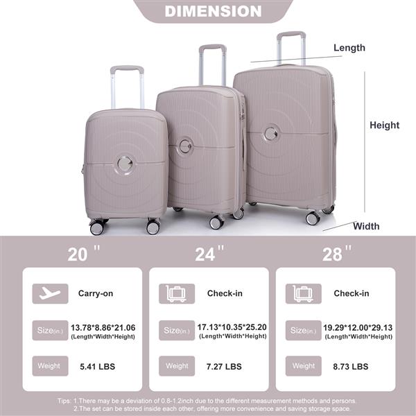 Expandable Hardshell Suitcase Double Spinner Wheels PP Luggage Sets Lightweight Durable Suitcase with TSA Lock,3-Piece Set (20/24/28) , Griege