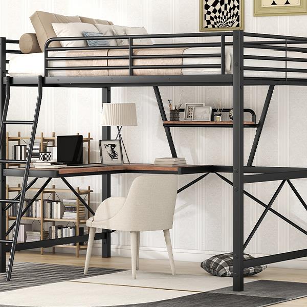 Full Size Loft Metal&MDF Bed with Desk and Shelf, Black