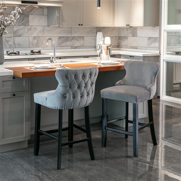 Contemporary Velvet Upholstered Wing-Back Barstools with Button Tufted Decoration and Wooden Legs, and Chrome Nailhead Trim, Leisure Style Bar Chairs,Bar stools, Set of 4 (Gray), SW1824GY x 2 cartons