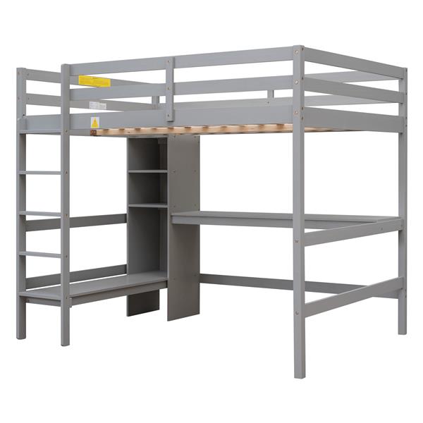 Full Size Loft Bed with Multifunction Shelves and Under-bed Desk, Gray