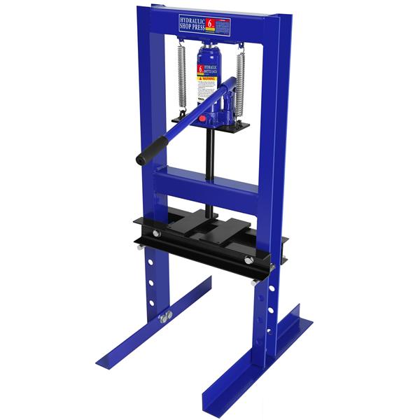 Steel H-Frame Hydraulic Shop Press with Stamping Plates to Bend, Straighten, or Press Parts, Install Bearings and U-Joints, 6 Ton Capacity, Blue