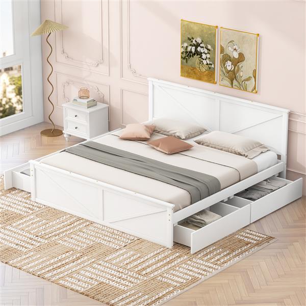 King Size Wooden Platform Bed with Four Storage Drawers and Support Legs, White