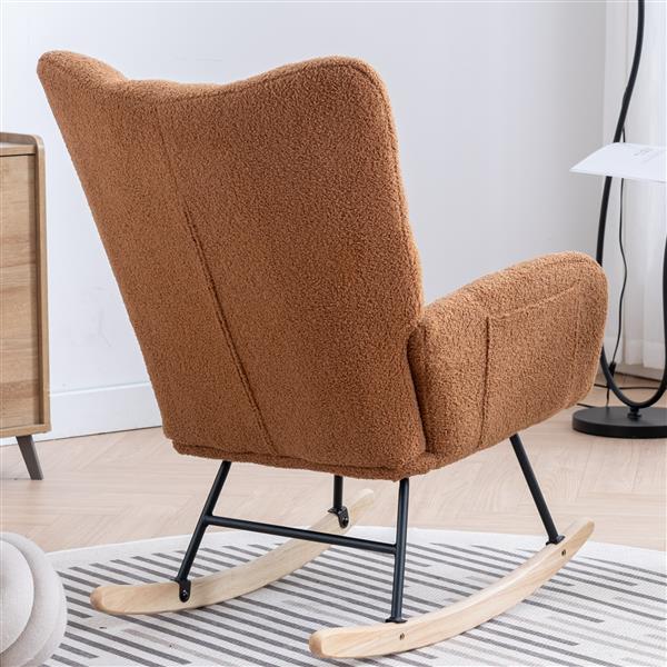 Rocking Chair with Pocket, Soft Teddy Fabric Rocking Chair for Nursery, Comfy Wingback Glider Rocker with Safe Solid Wood Base for Living Room Bedroom Balcony (brown)