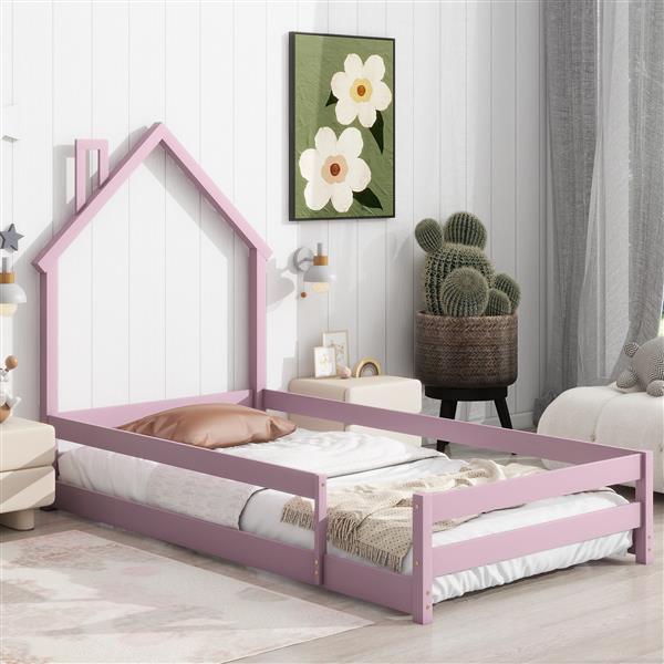 Twin Size Wood bed with House-shaped Headboard Floor bed with Fences,Pink