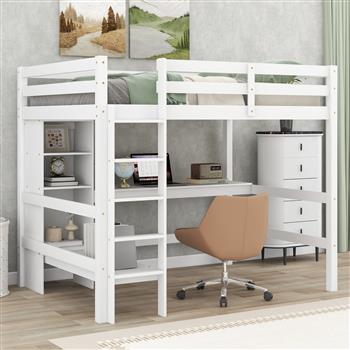 Full Size Loft Bed with Multifunction Shelves and Under-bed Desk, White