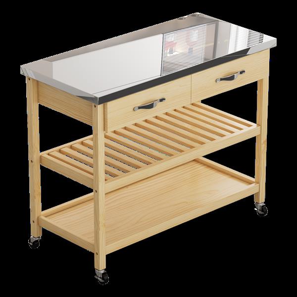 Stainless Steel Countertop Solid Wood Kitchen Cart with Storage Drawers and Shelves, Rotatable Kitchen Island with Steel Table Top and Tower Rack, Rolling Utility Trolley Cart for Kitchen and Dining