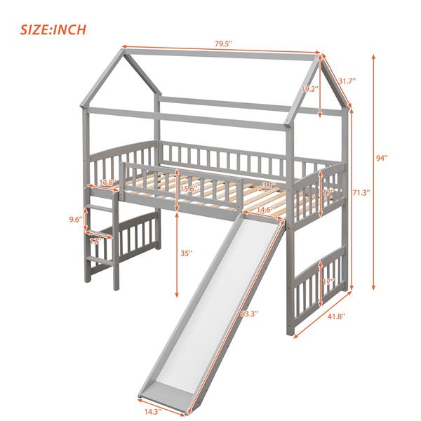 Twin Loft Bed with Slide, House Bed with Slide，Grey