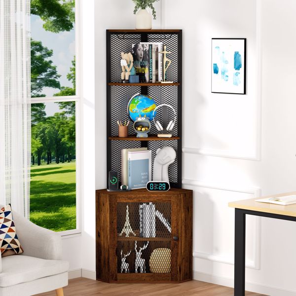 Corner Shelf with Doors, 65" Corner Cabinet  & Wine Glass Rack, 6 Tier Bookshelf Display, Freestanding Corner Storage Stand for Kitchen, Living Room, Balcony[Unable to ship on weekends, please note]